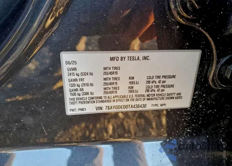 2026 Tesla Model Y from USA, damaged, VIN 7SAYGDED0TA438430